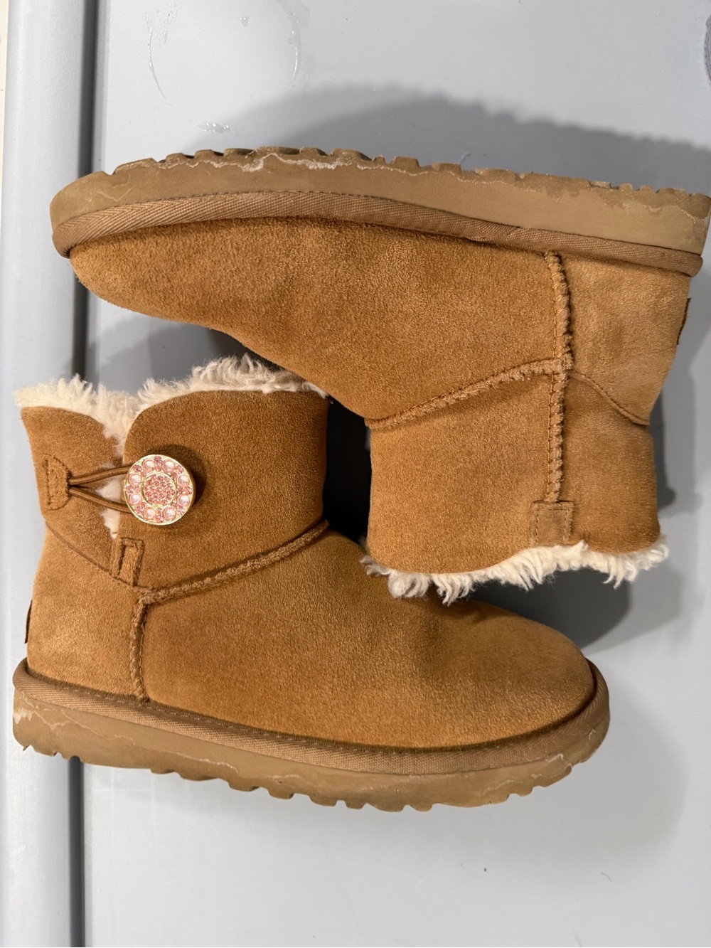 Uggs tan  Suede Shearling-Lined Boots with Button Accent